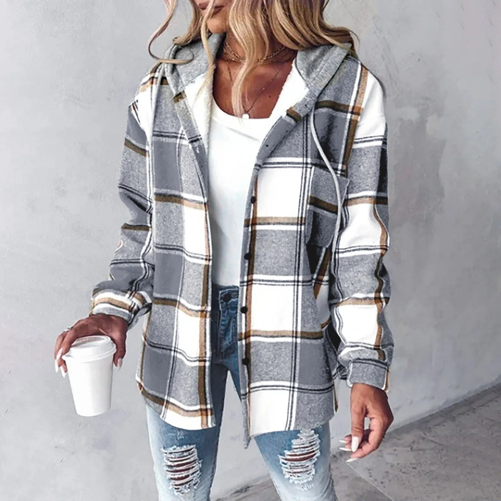 Serina | Trendy Geruite Damesjas – Warme Casual Jas met Capuchon voor Dagelijks Gebruik