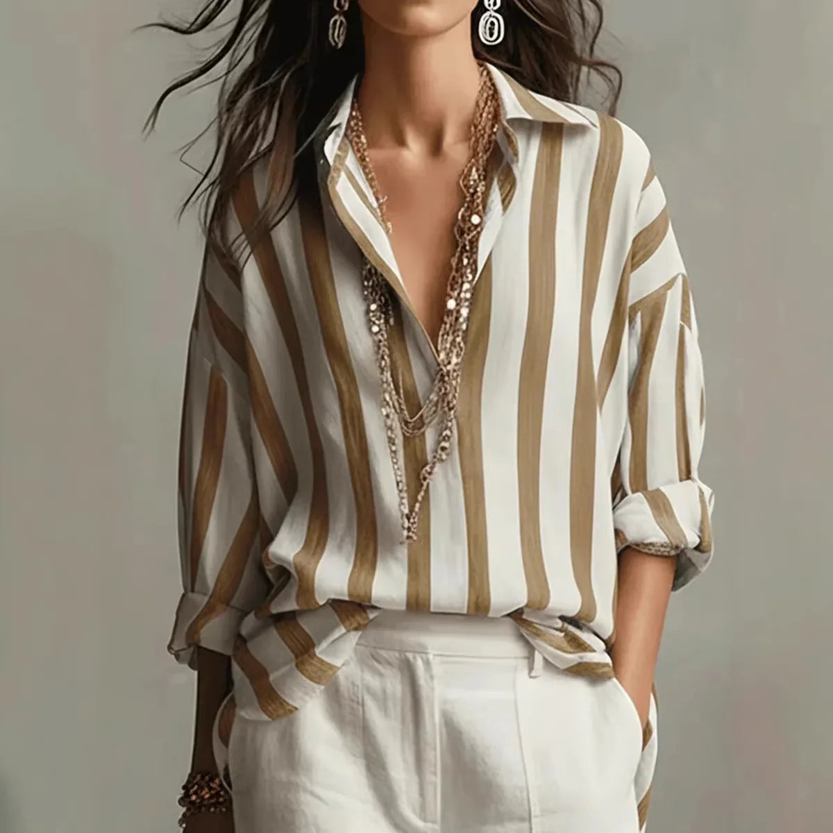 Erielle | Dames Gestreepte Blouse – Klassieke Kraag & Losse Pasvorm