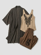 Julissa | Boho-set van 3 stuks voor dames – katoen-linnen blouse, broek met wijde pijpen