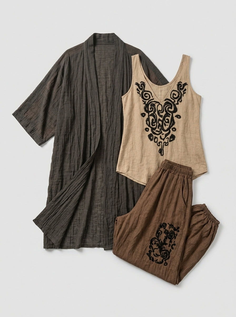 Julissa | Boho-set van 3 stuks voor dames – katoen-linnen blouse, broek met wijde pijpen