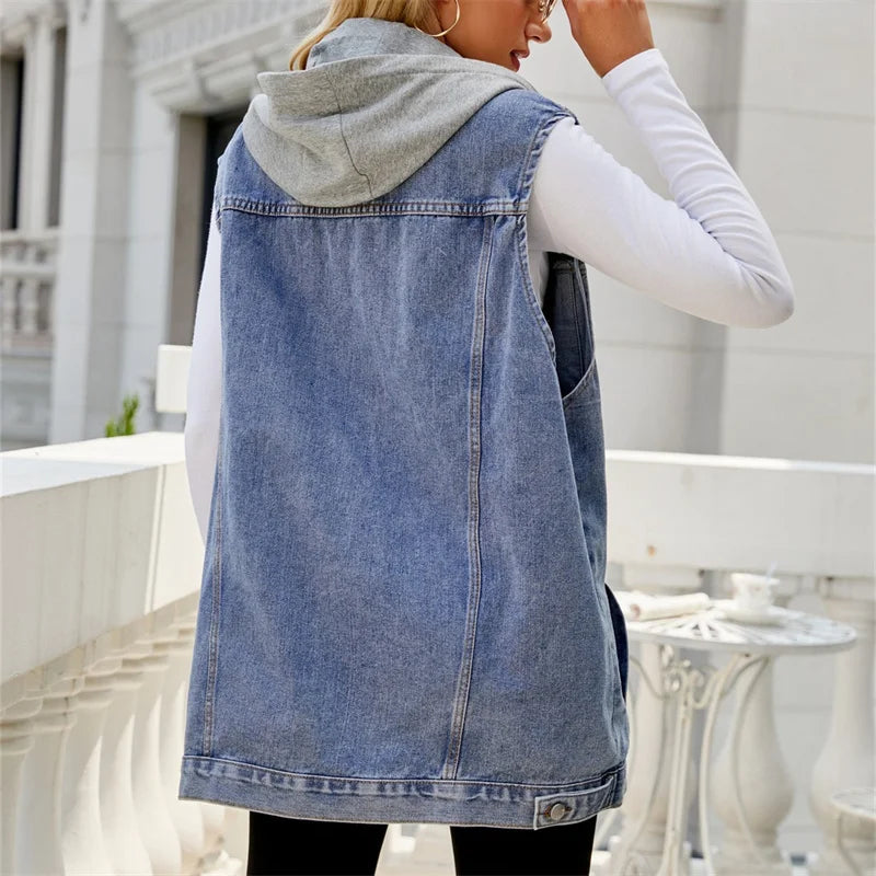 Zorya | Denim Mouwloos Vest met Capuchon – Casual Gelaagde Streetwear, Losse Pasvorm