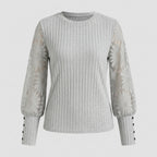 Fineke | Dames Top met Kanten Mouwen, Verticale Strepen & Ronde Hals