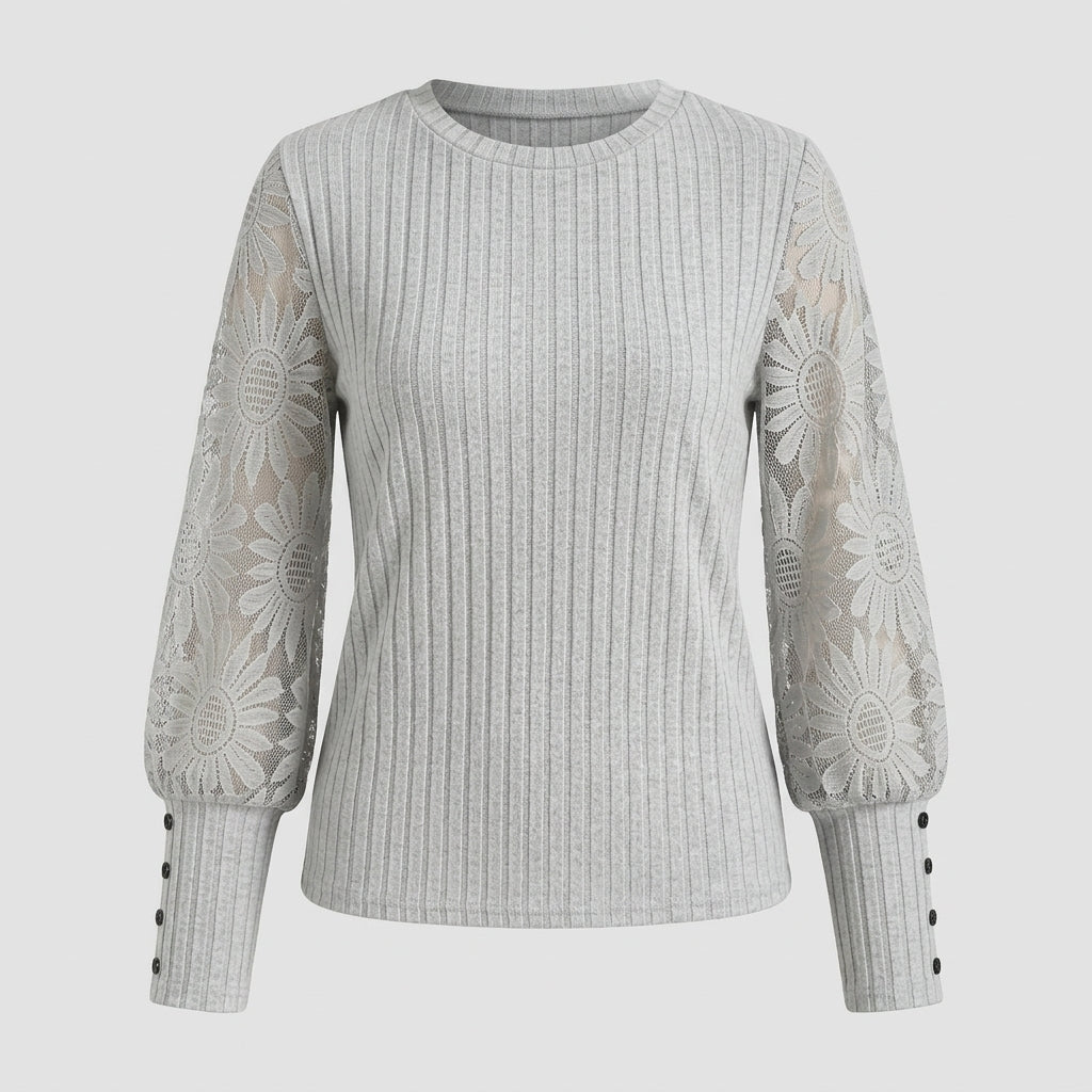 Fineke | Dames Top met Kanten Mouwen, Verticale Strepen & Ronde Hals
