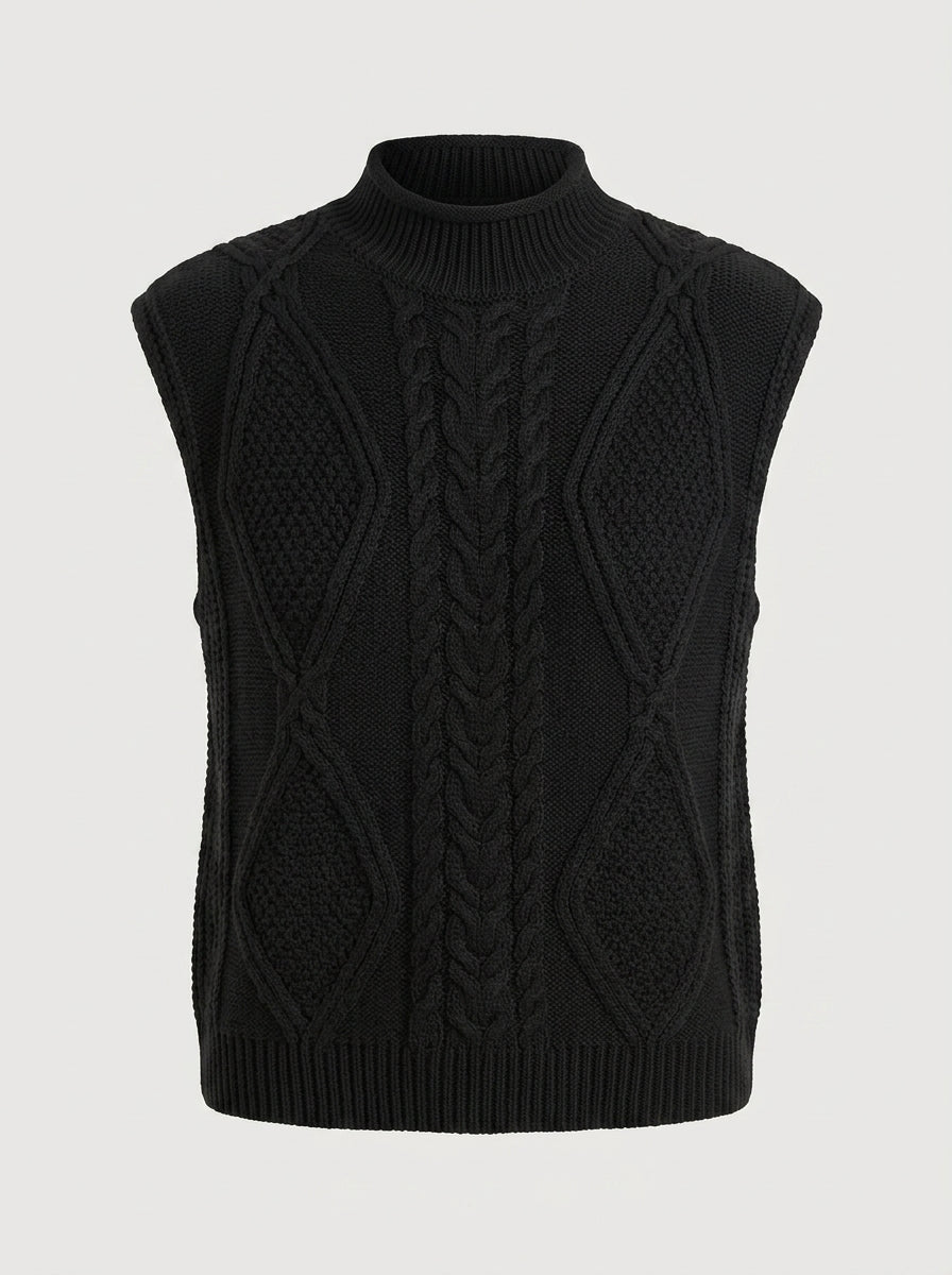 Fenella | Damesvest met kabelpatroon – hoge hals, mouwloos en losse pasvorm