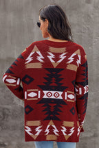 Bine | Rode Dames Cardigan met Azteekse Print – Gebreid Vest met Lange Mouwen en Zakken