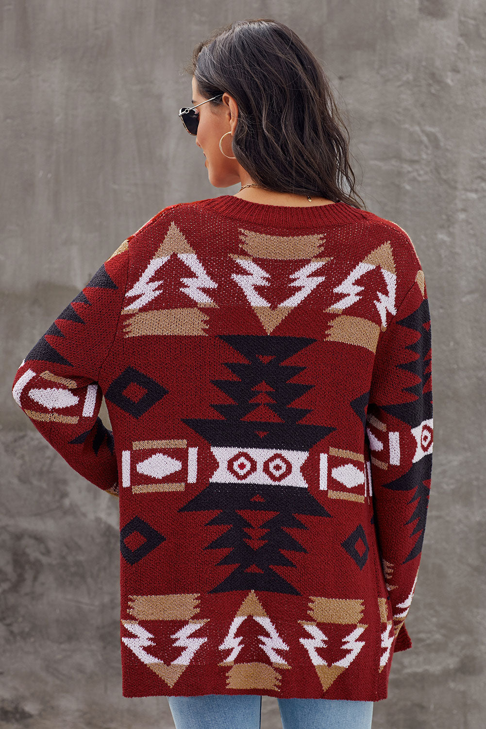 Bine | Rode Dames Cardigan met Azteekse Print – Gebreid Vest met Lange Mouwen en Zakken