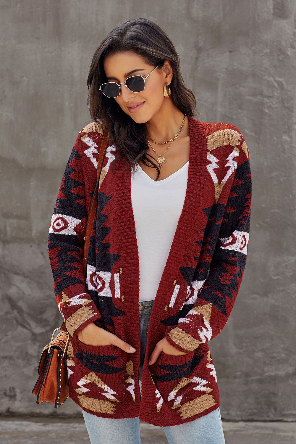Bine | Rode Dames Cardigan met Azteekse Print – Gebreid Vest met Lange Mouwen en Zakken