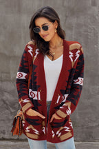 Bine | Rode Dames Cardigan met Azteekse Print – Gebreid Vest met Lange Mouwen en Zakken