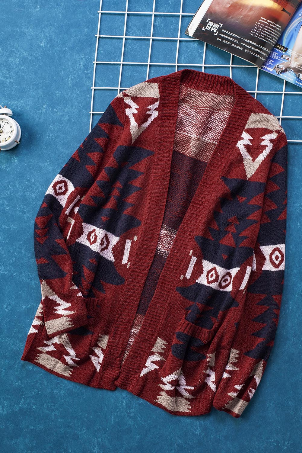 Bine | Rode Dames Cardigan met Azteekse Print – Gebreid Vest met Lange Mouwen en Zakken