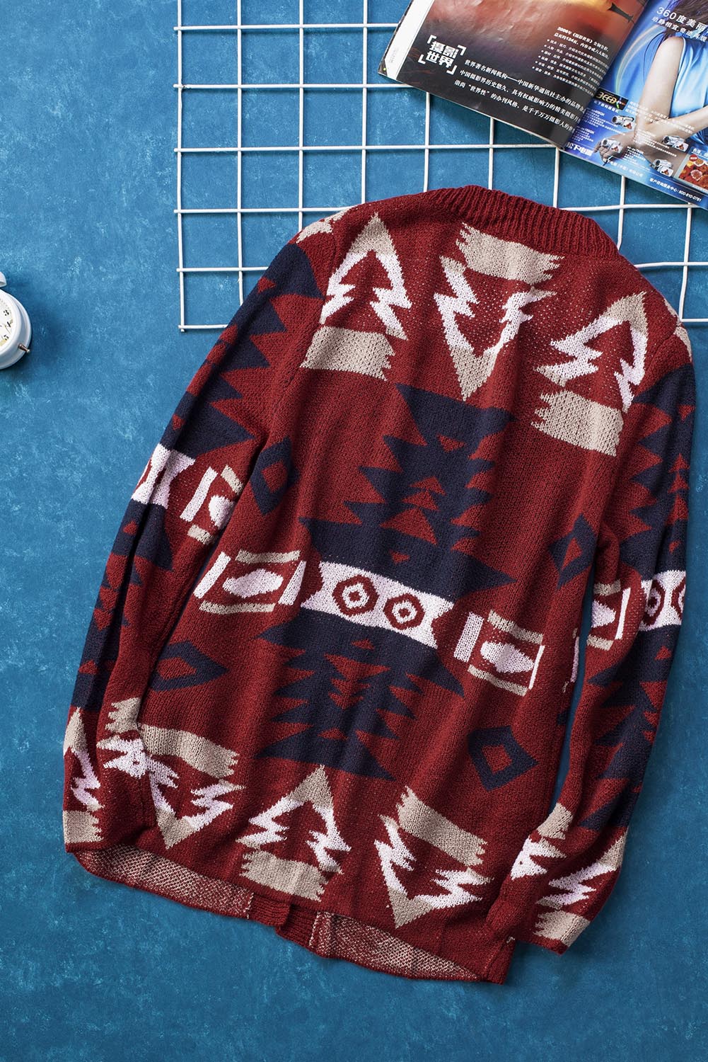 Bine | Rode Dames Cardigan met Azteekse Print – Gebreid Vest met Lange Mouwen en Zakken
