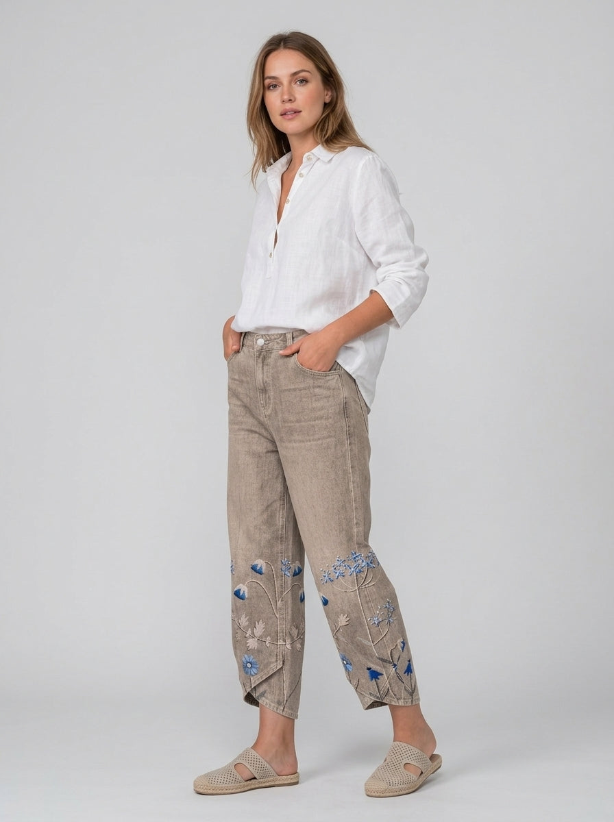 Delphine | Damesbroek met Borduursel – Casual Chic Katoenen Broek