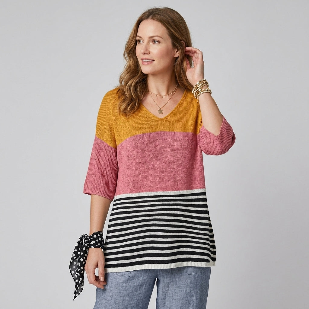Jonquil | Dames Gebreide Trui met Abstracte Lijnprint – Casual Pullover met Artistiek Patroon
