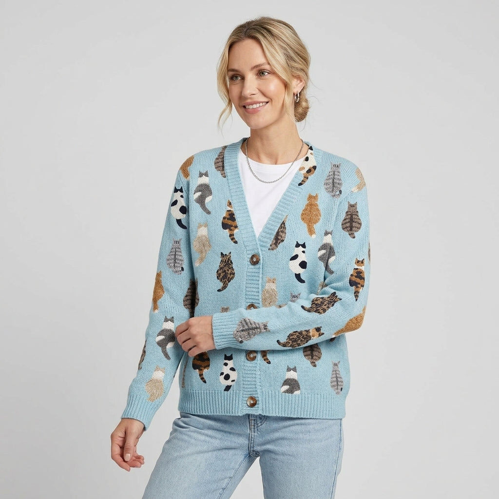 Elsinia | Dames Cardigan met Kattenprint – Gebreide Cardigan met Speelse Print