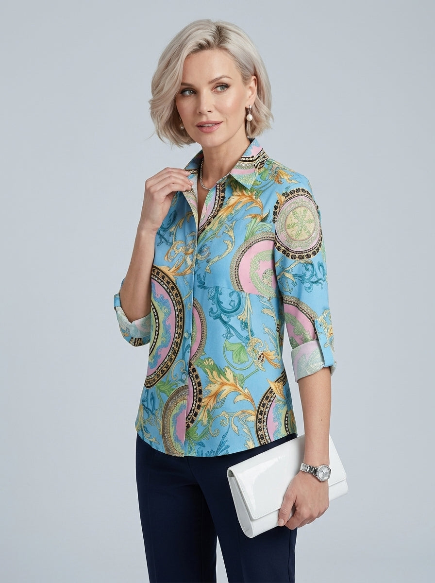 Cielle | Dames Blouse met Kraag – Omgeslagen Kraag, Lange Mouwen en Oprolbare Mouwen