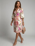 Saskia | Dames Overhemdjurk met Bloemenprint – Knielang Model met Pofmouwen