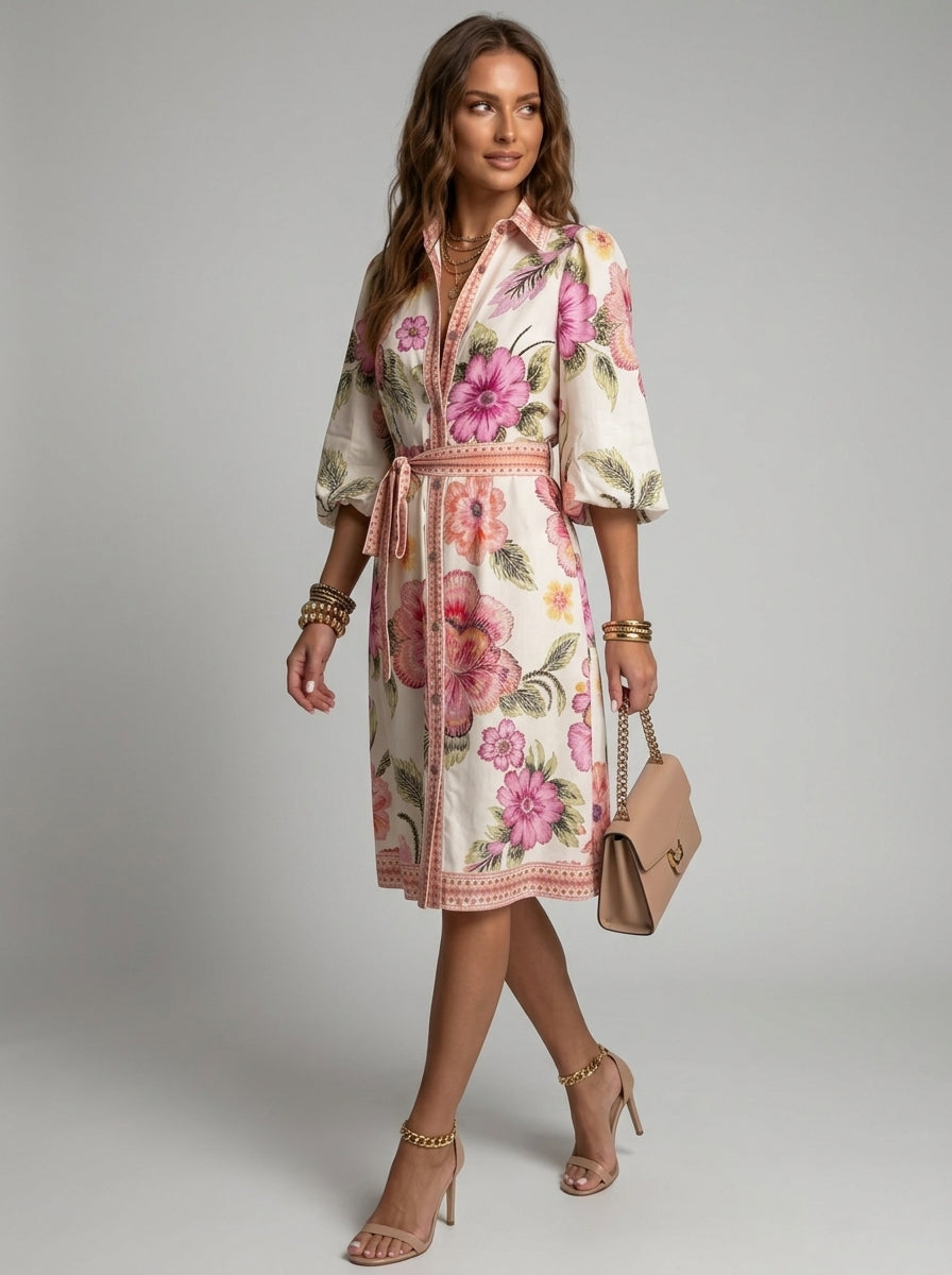 Saskia | Dames Overhemdjurk met Bloemenprint – Knielang Model met Pofmouwen