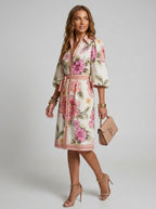 Saskia | Dames Overhemdjurk met Bloemenprint – Knielang Model met Pofmouwen