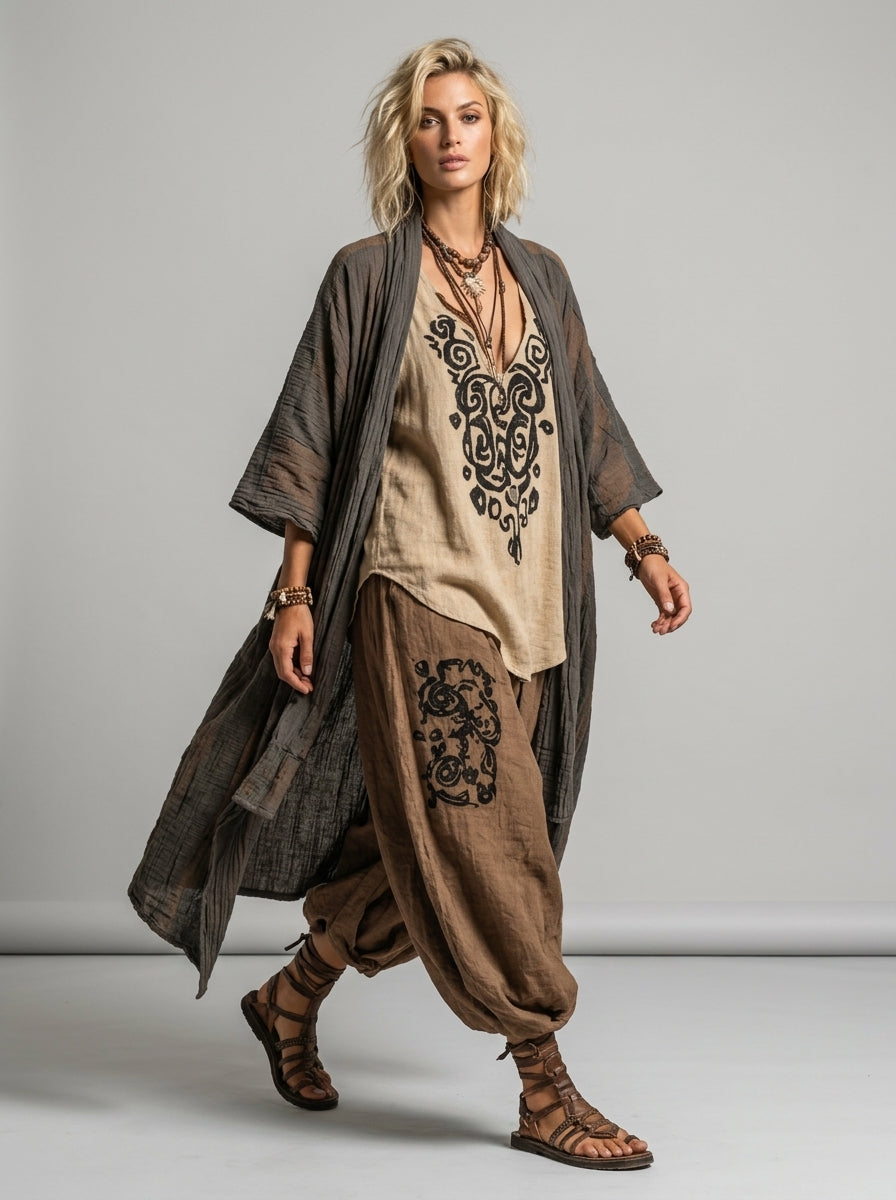Julissa | Boho-set van 3 stuks voor dames – katoen-linnen blouse, broek met wijde pijpen