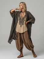 Julissa | Boho-set van 3 stuks voor dames – katoen-linnen blouse, broek met wijde pijpen