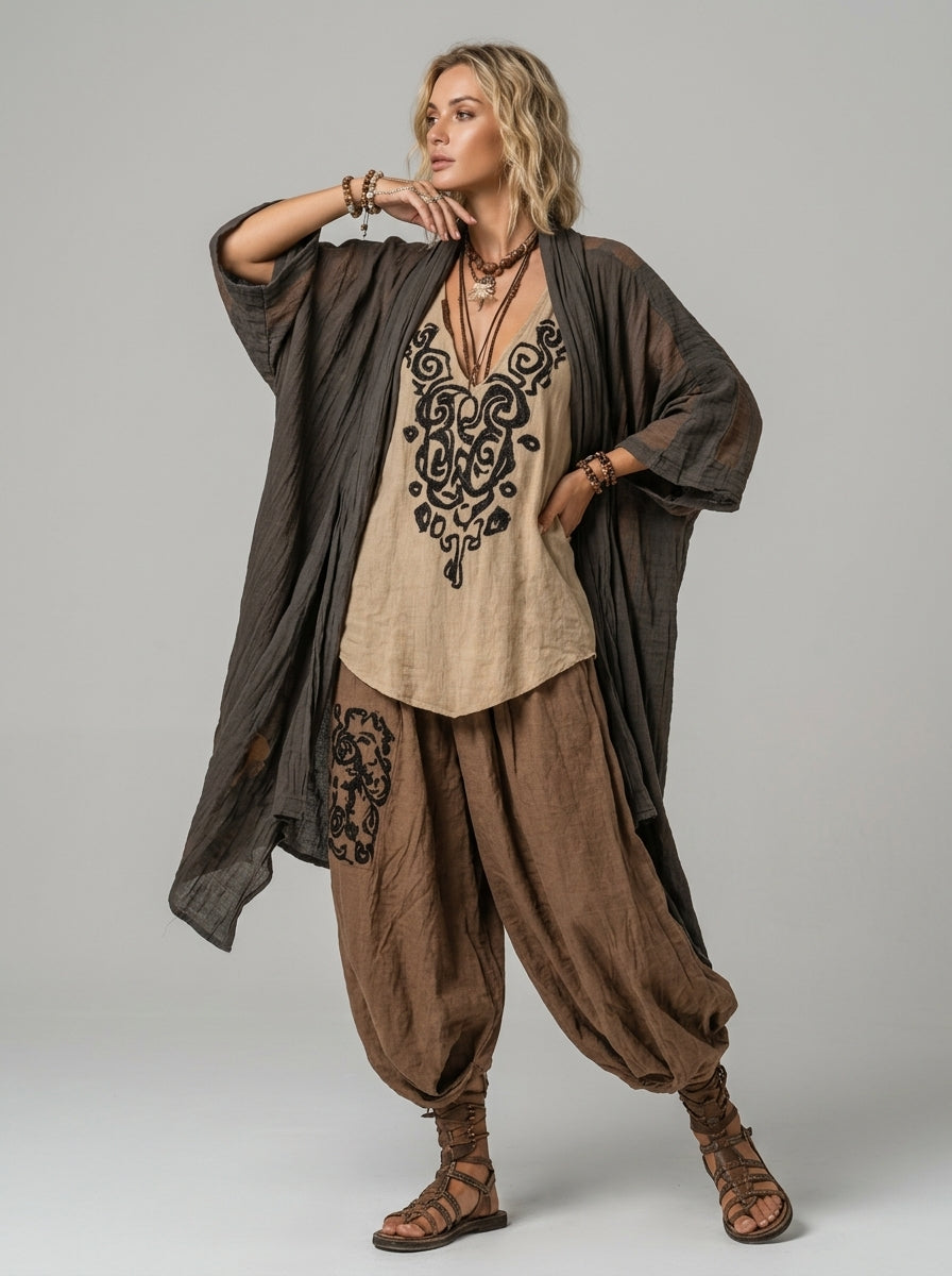 Julissa | Boho-set van 3 stuks voor dames – katoen-linnen blouse, broek met wijde pijpen