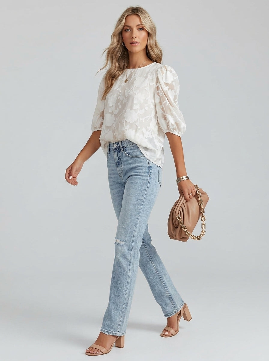 Estella | Dames Jacquard Blouse – Bloemenpatroon met Pofmouwen
