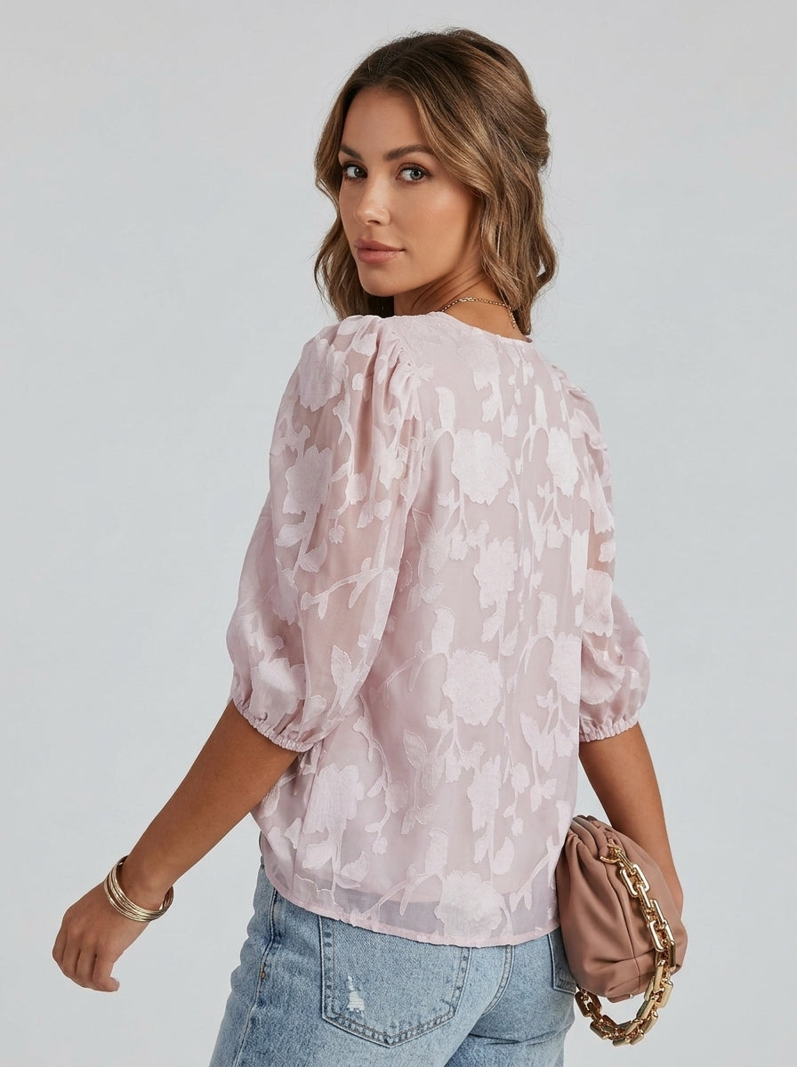 Estella | Dames Jacquard Blouse – Bloemenpatroon met Pofmouwen