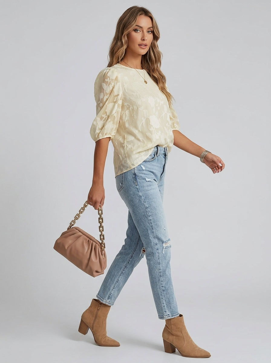 Estella | Dames Jacquard Blouse – Bloemenpatroon met Pofmouwen