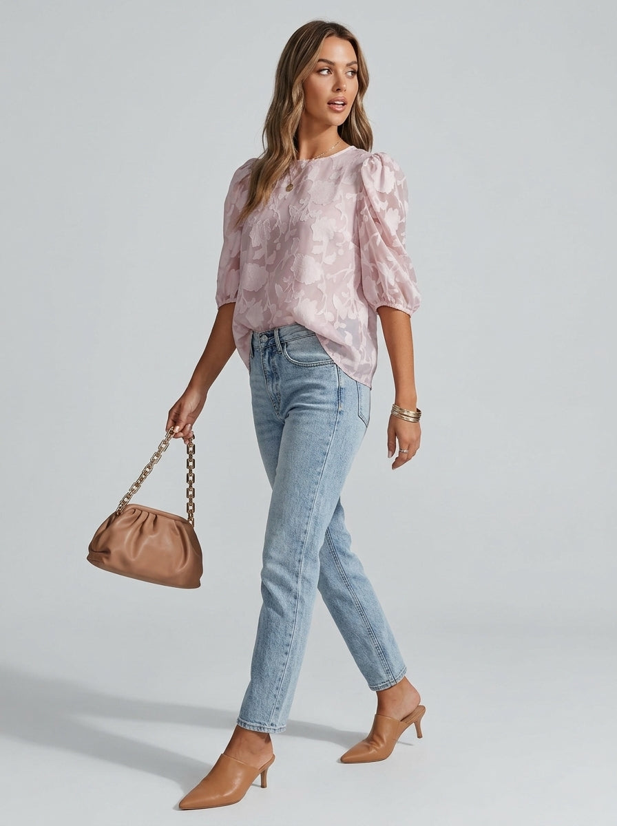 Estella | Dames Jacquard Blouse – Bloemenpatroon met Pofmouwen
