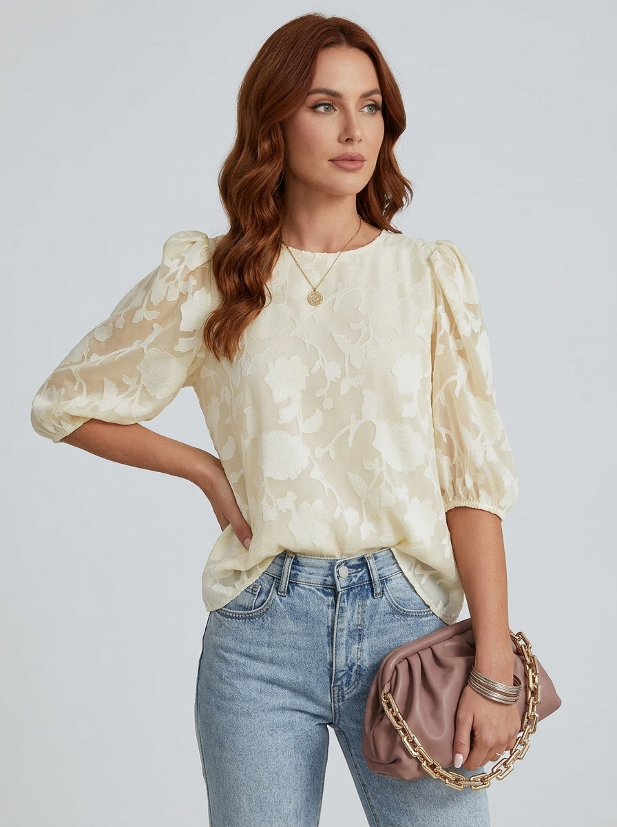 Estella | Dames Jacquard Blouse – Bloemenpatroon met Pofmouwen