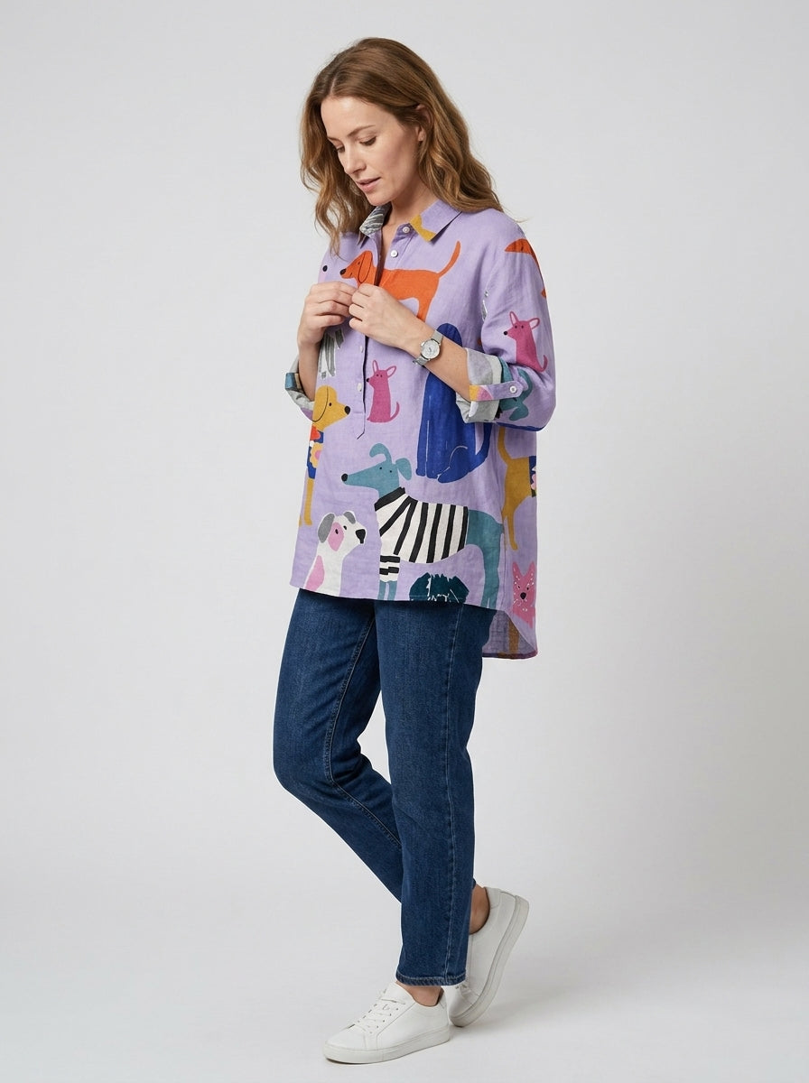 Briseida | Dames Oversized Blouse met Hondenprint – Casual Katoenen Overhem