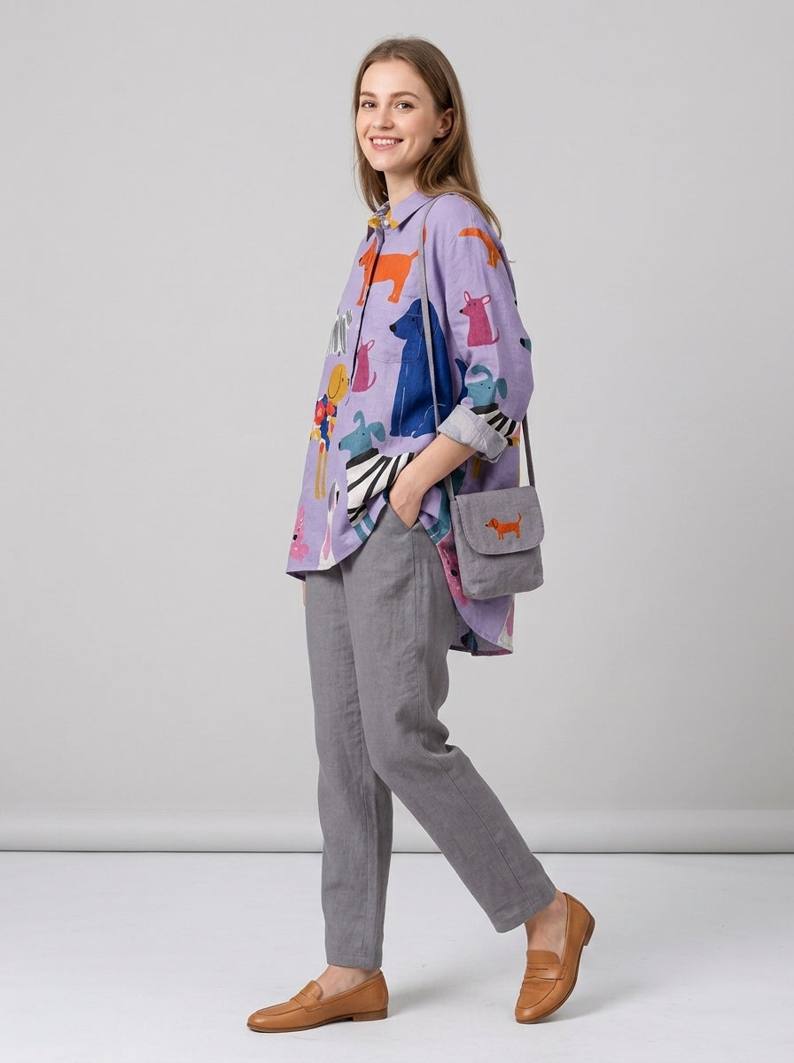 Briseida | Dames Oversized Blouse met Hondenprint – Casual Katoenen Overhem