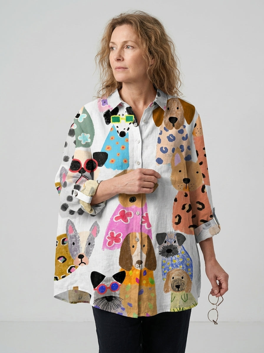 Briseida | Dames Oversized Blouse met Hondenprint – Casual Katoenen Overhem