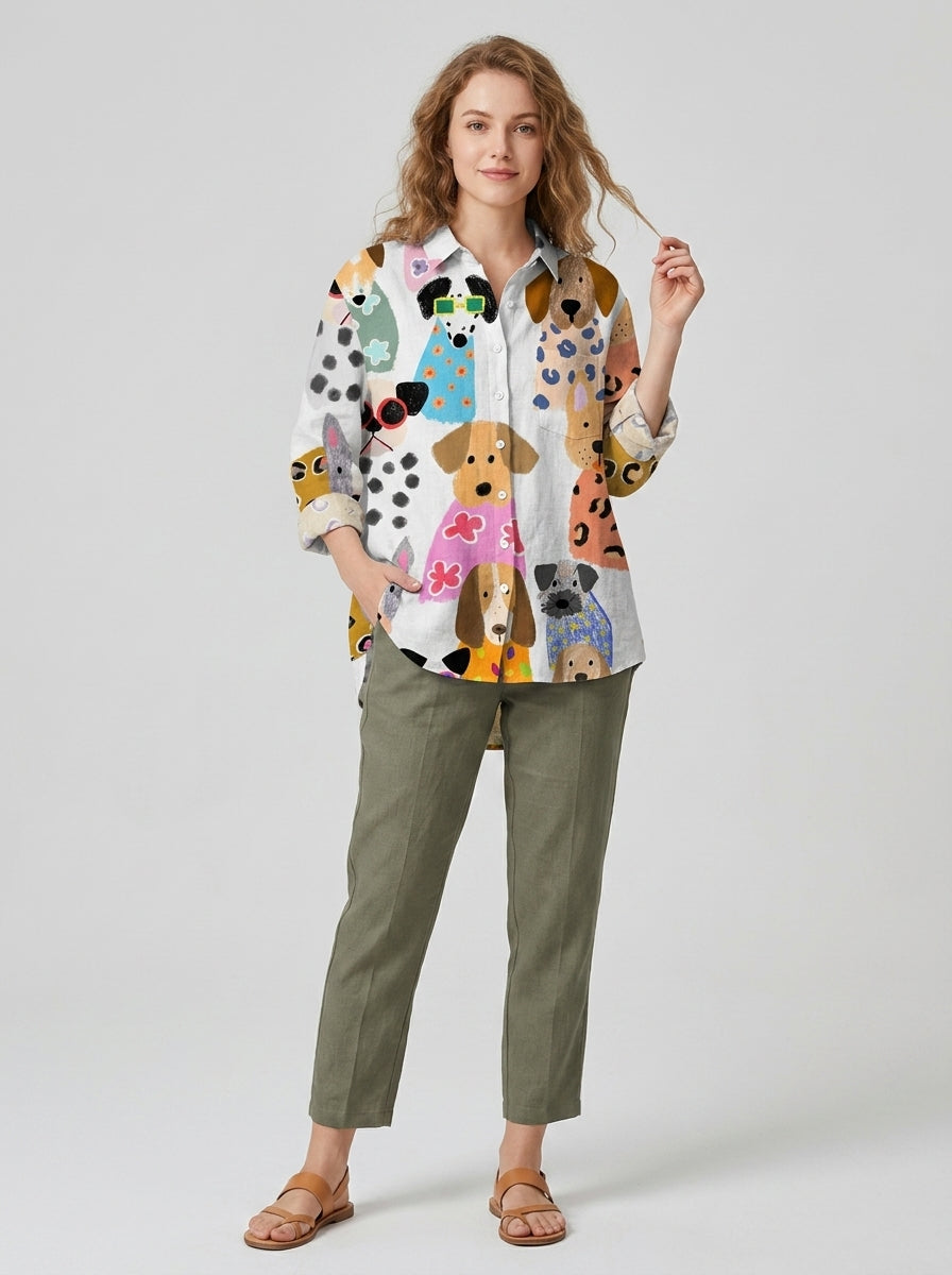 Briseida | Dames Oversized Blouse met Hondenprint – Casual Katoenen Overhem
