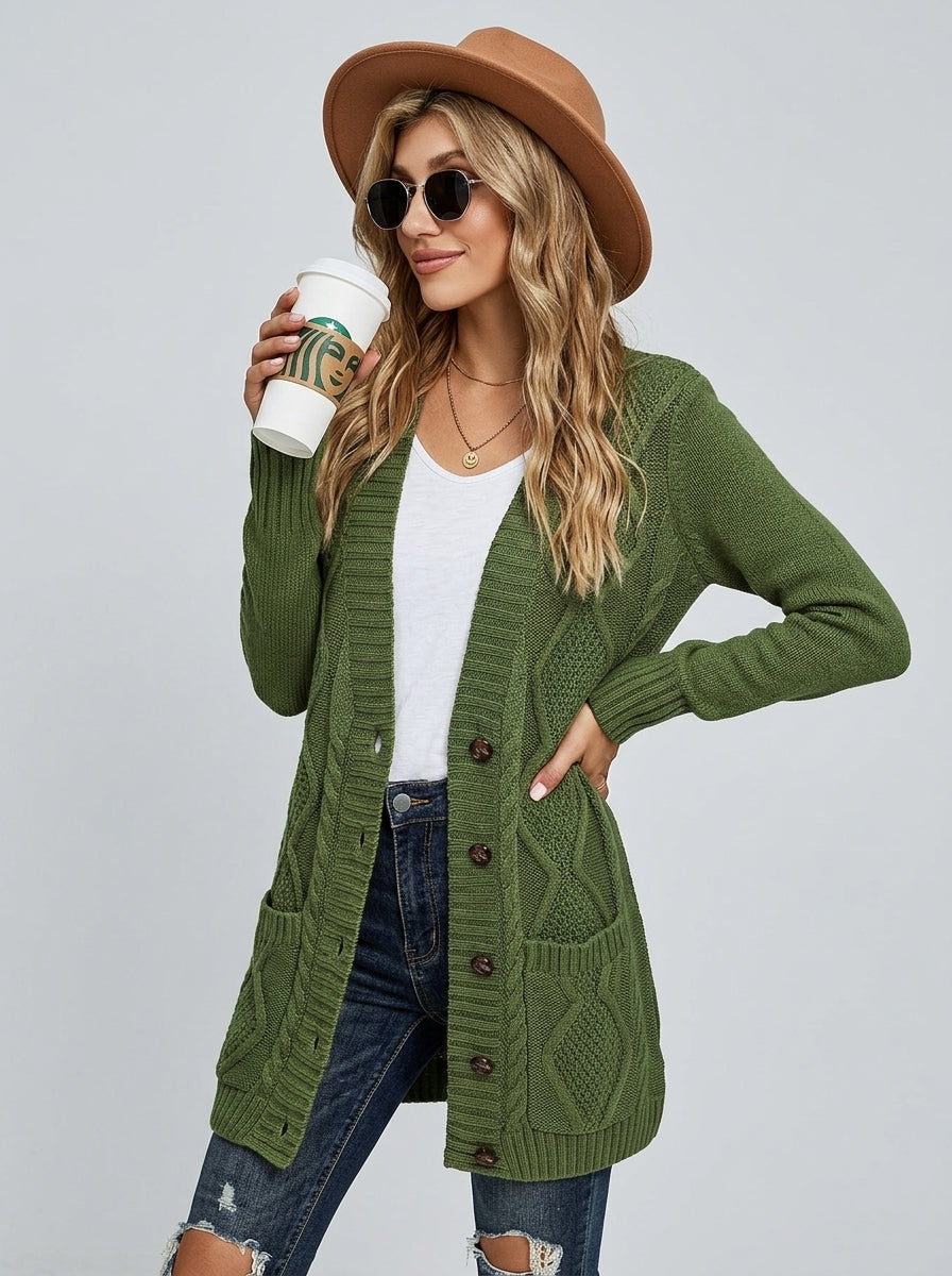 Ameliora | Groen gebreid vest voor dames – Trui met V-hals en knopen aan de voorkant