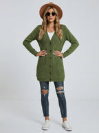 Ameliora | Groen gebreid vest voor dames – Trui met V-hals en knopen aan de voorkant