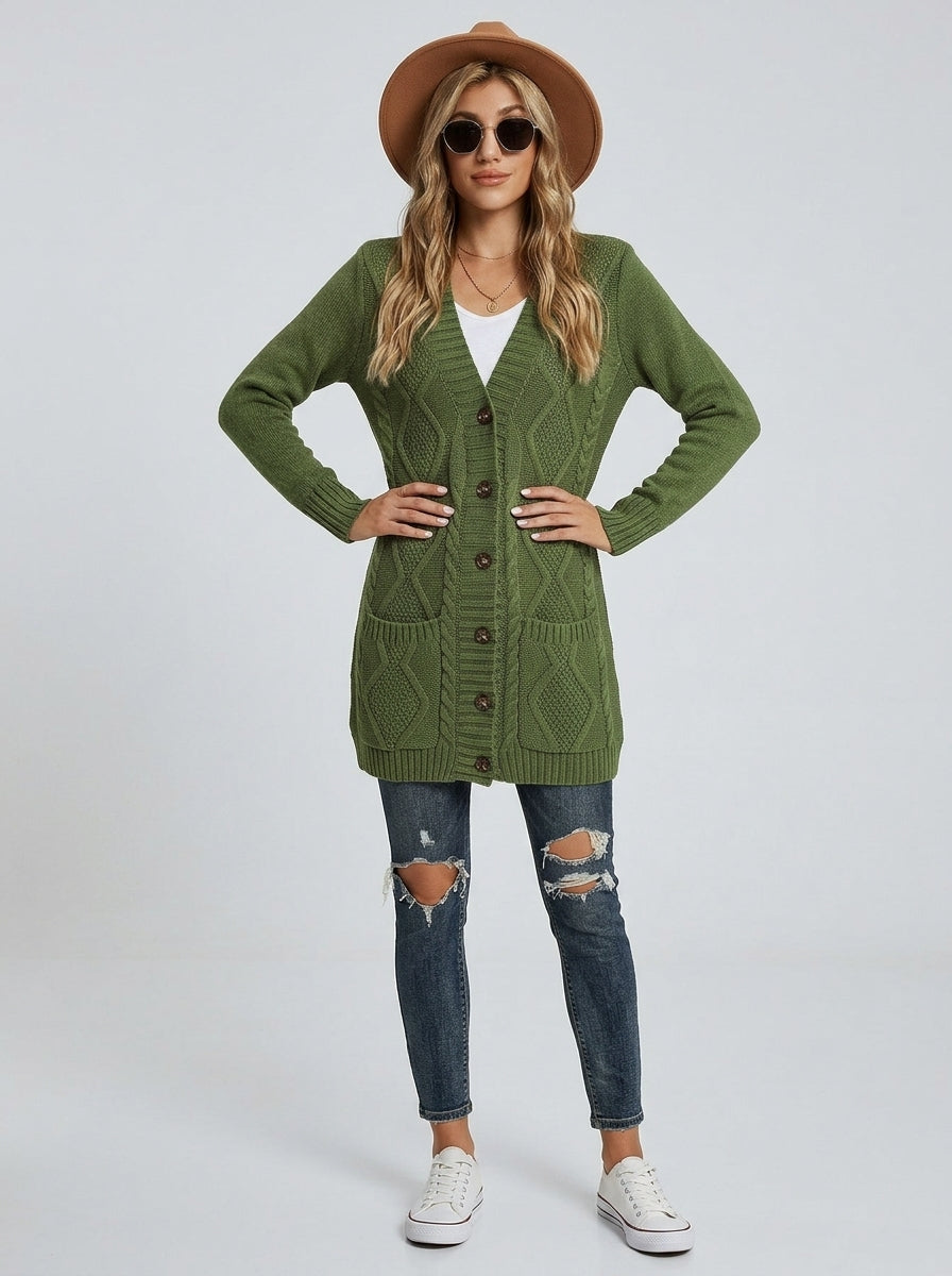 Ameliora | Groen gebreid vest voor dames – Trui met V-hals en knopen aan de voorkant