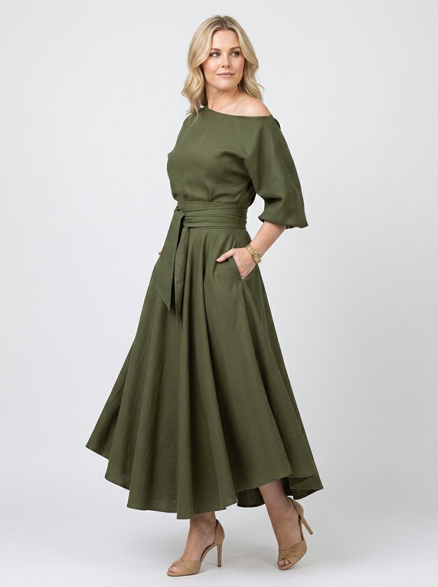 Cresselia | Midi-jurk voor dames – Romantisch ontwerp met blote schouders en lantaarnmouwen
