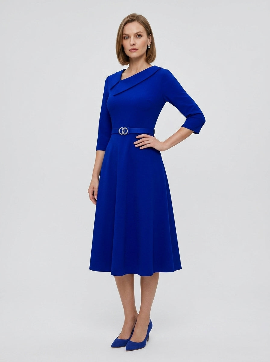 Evellara | Elegante midi-jurk voor dames – Asymmetrische halslijn met tailleband