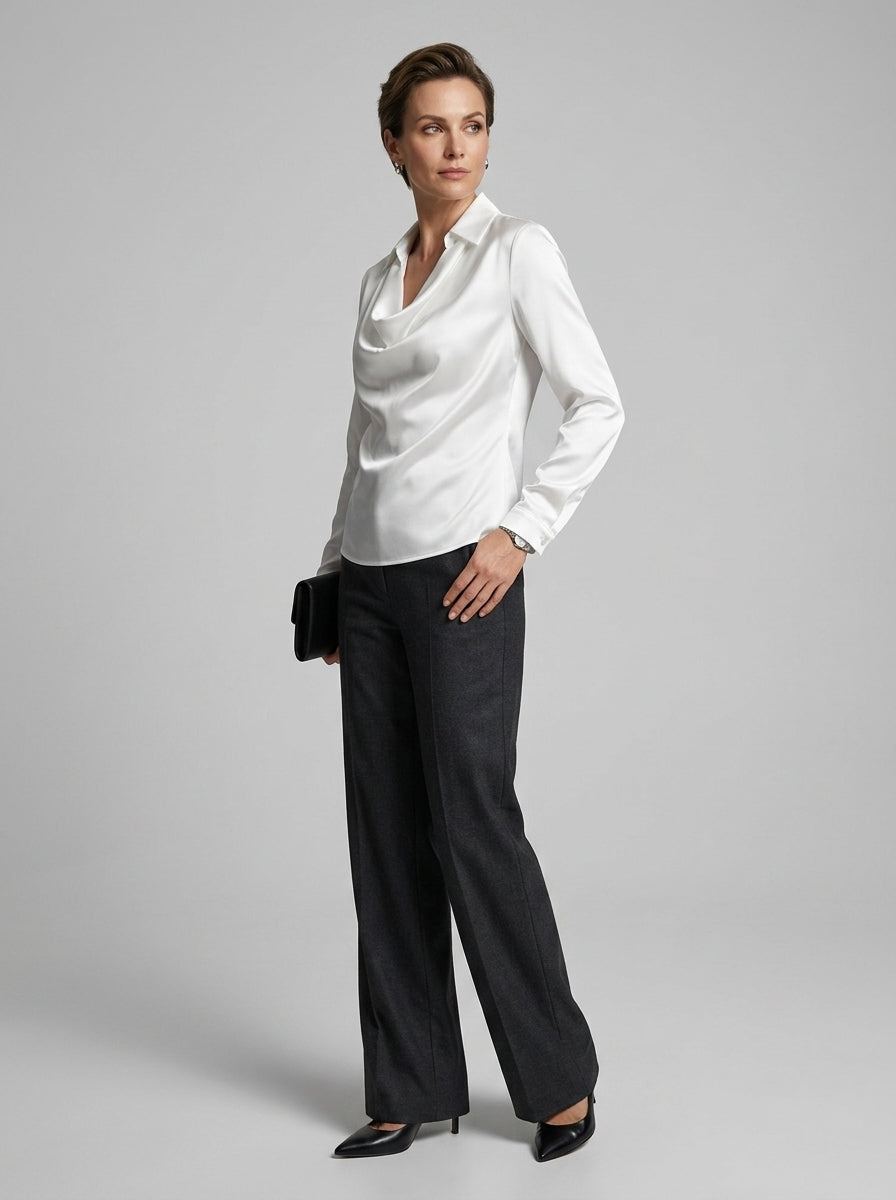 Zayelle | Satijnen damesblouse – gedrapeerde halslijn, lange mouwen
