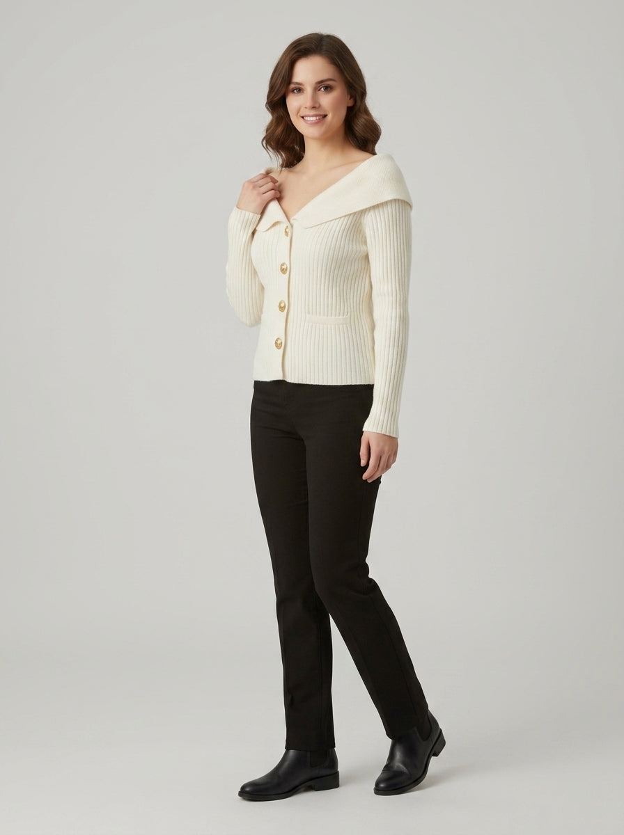 Avielle | Dames Geribd Vest met Knopen – Gebreide Trui met Textuur en Lange Mouwen