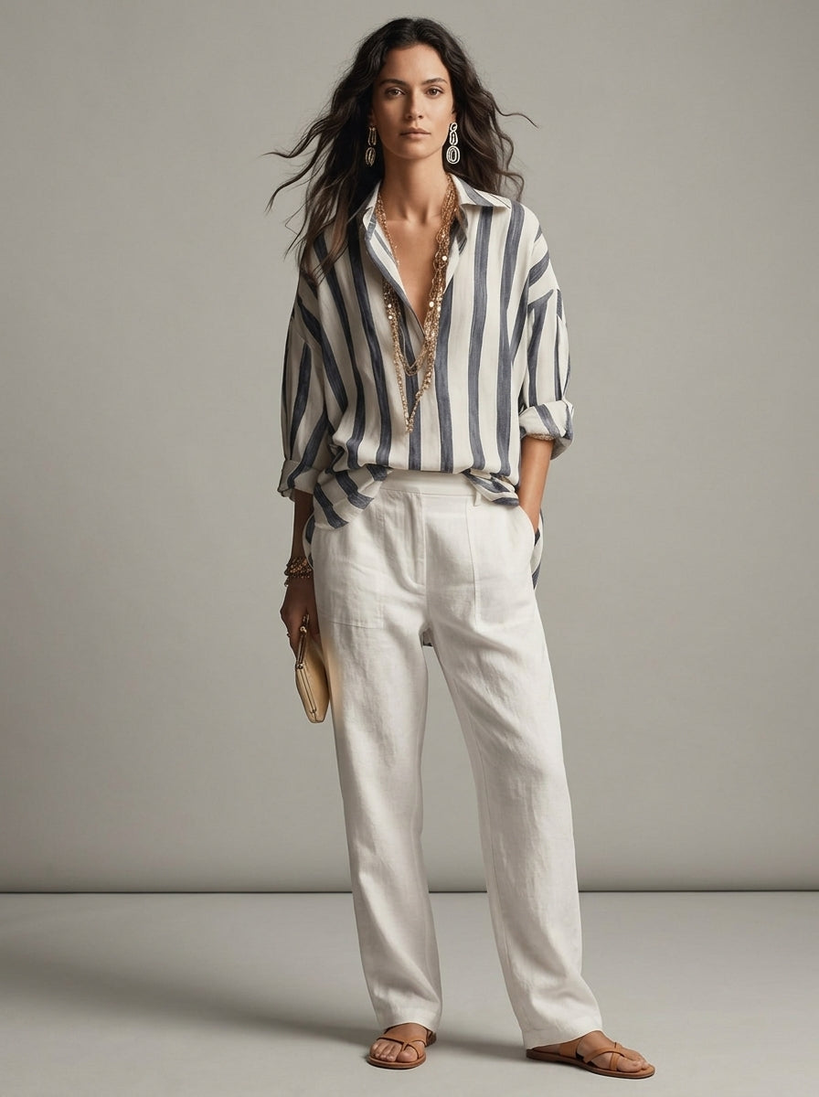 Erielle | Dames Gestreepte Blouse – Klassieke Kraag & Losse Pasvorm