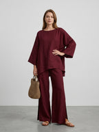 Calliope | Dames 2-Delige Set – Asymmetrische Top met Halflange Mouwen & Soepelvallende Broek met Wijde Pijpen