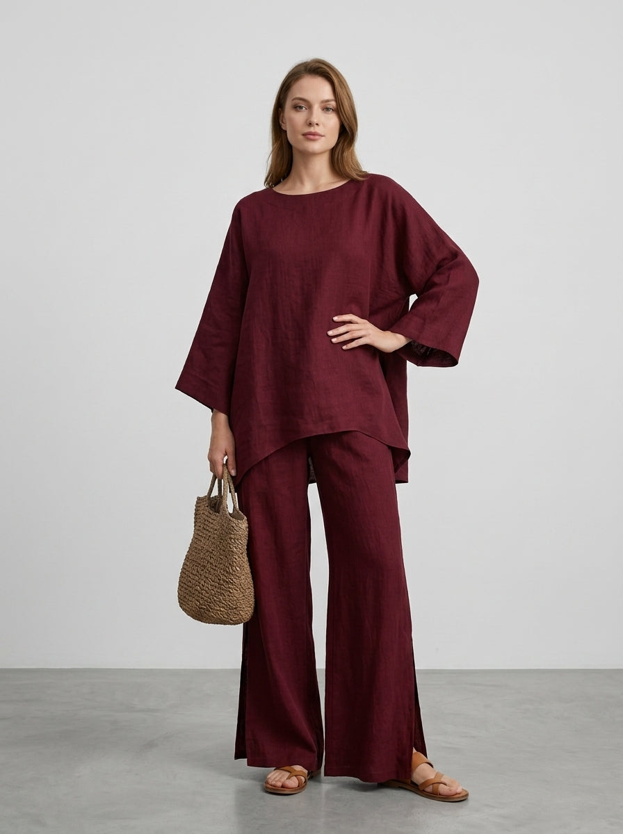 Calliope | Dames 2-Delige Set – Asymmetrische Top met Halflange Mouwen & Soepelvallende Broek met Wijde Pijpen