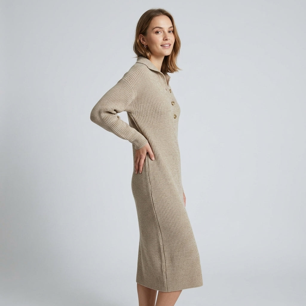 Orianne | Gebreide Damesjurk – Ribstructuur, Lange Mouwen, Knoopsluiting & Knielengte