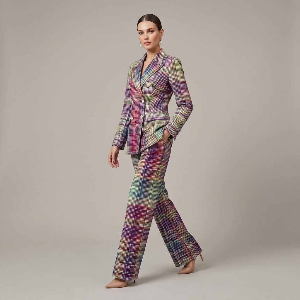 Miralune | 2-delige damespakset – Double-breasted blazer, reverskraag & broek met wijde pijpen