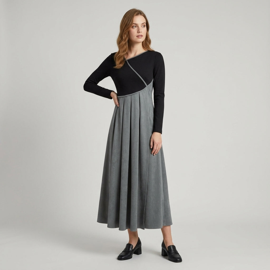 Virellia | Tweekleurige midijurk voor dames – lange mouwen