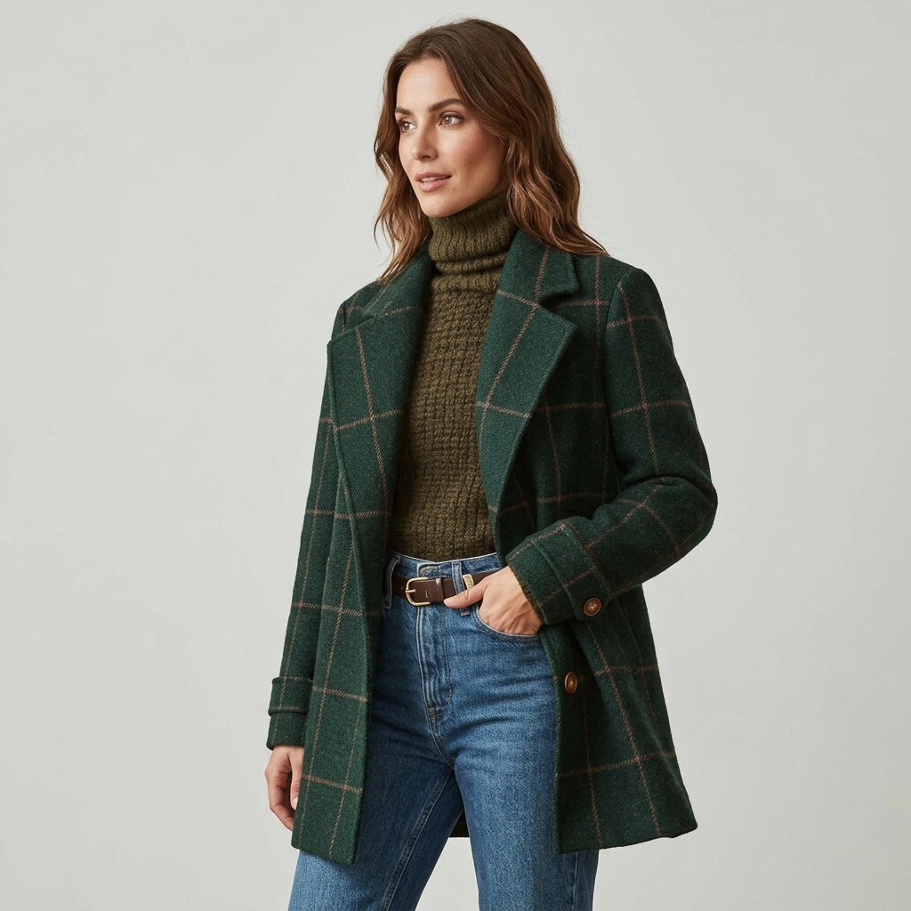 Olyndra | Geruite tweedjas voor dames – Retro revers