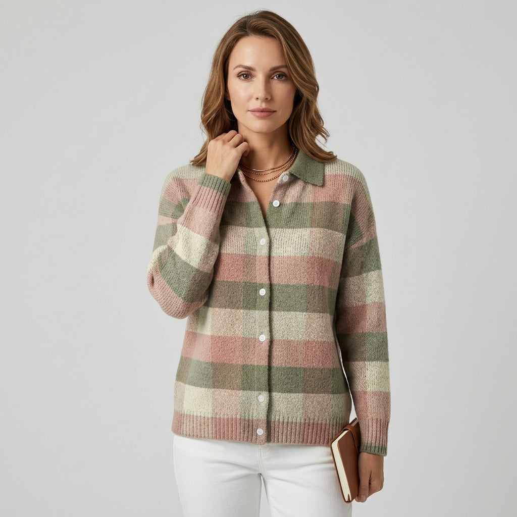 Theryssa | Pastelkleurig geruit gebreid vest voor dames – Zachte trui met ruitjespatroon
