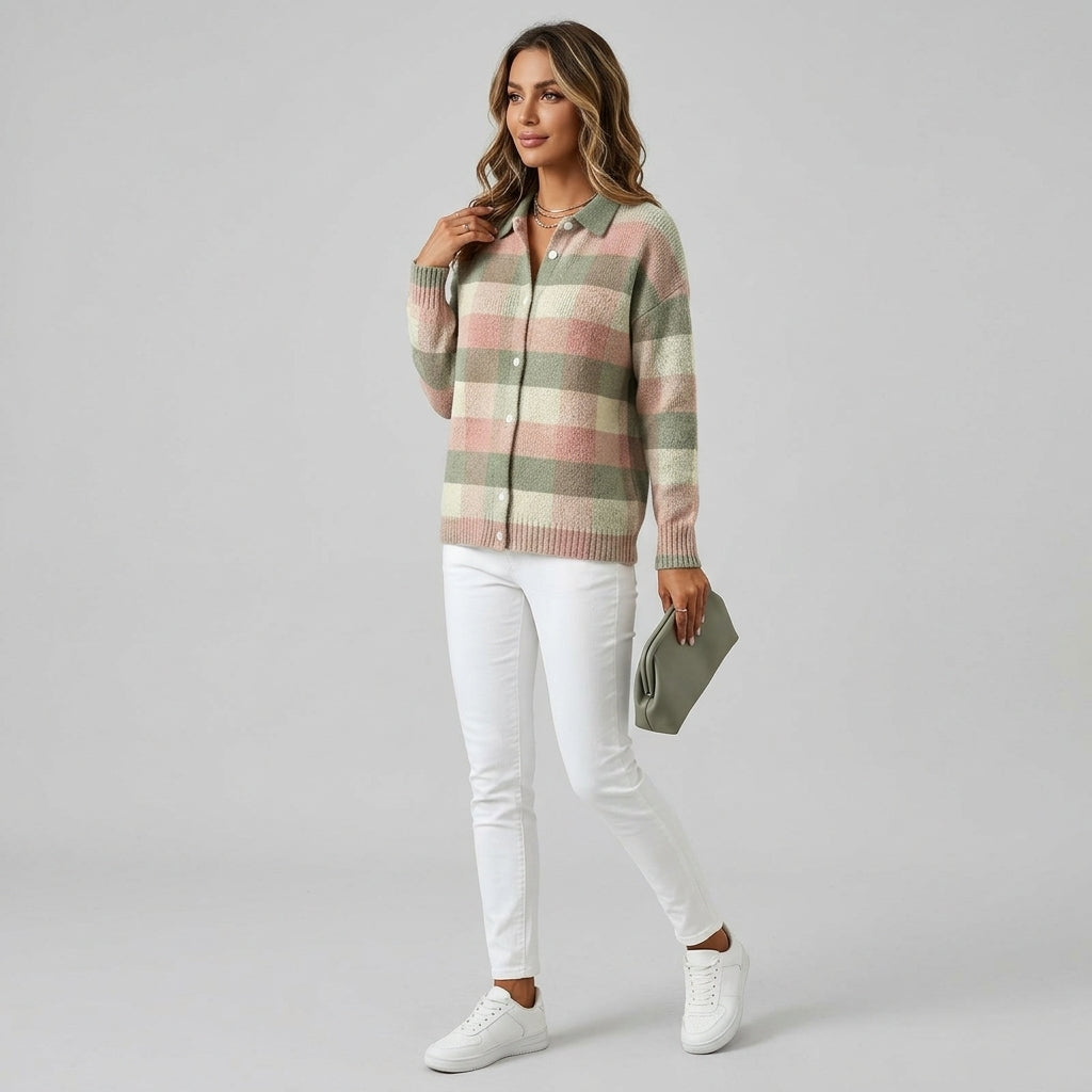 Theryssa | Pastelkleurig geruit gebreid vest voor dames – Zachte trui met ruitjespatroon