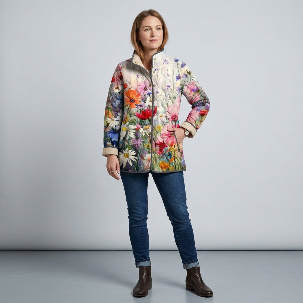 Eirielle | Vintage gewatteerd damesjack met bloemenprint – Lichtgewicht, veelkleurig jack